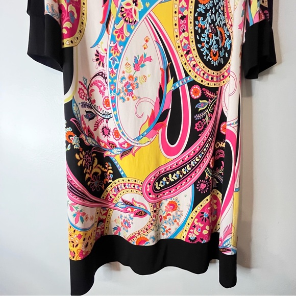 Papillon Blanc Mod Geo Design Black Trim Pink 3/4 Sleeve Sheath Dress Women's M - Picture 7 of 10